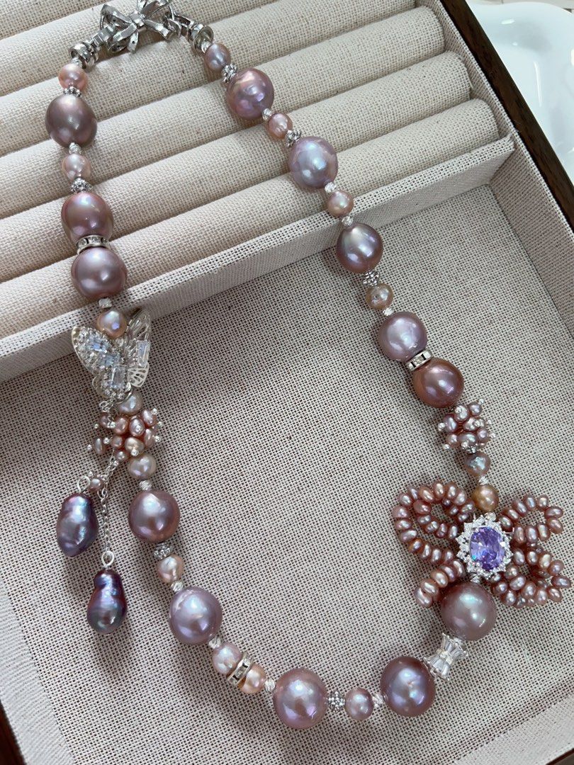 #PN961 [Floral Series] Freshwater Pearl Necklace | Big Purple Baroque | Lustrous | 2-layered Ribbon| Butterfly | Dangling Metallic Purple Baroque | 43cm| Drape Yourself in Luxury