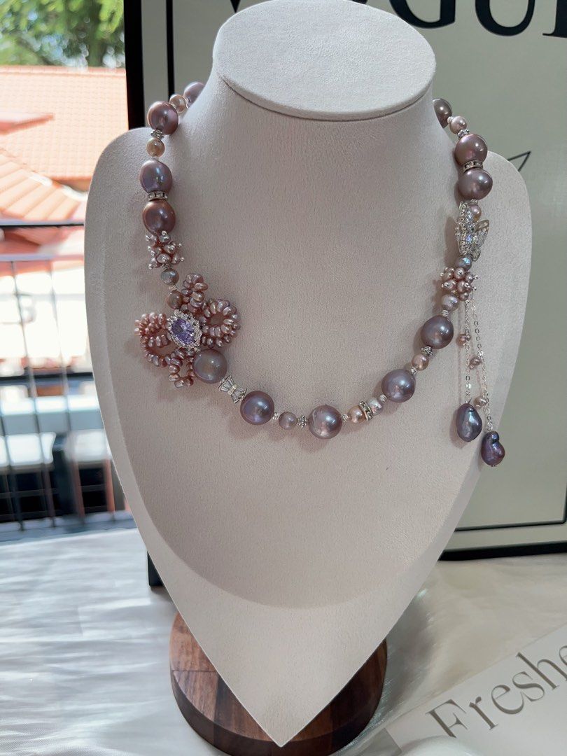 #PN961 [Floral Series] Freshwater Pearl Necklace | Big Purple Baroque | Lustrous | 2-layered Ribbon| Butterfly | Dangling Metallic Purple Baroque | 43cm| Drape Yourself in Luxury