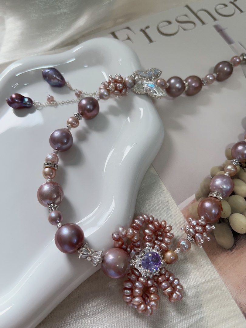 #PN961 [Floral Series] Freshwater Pearl Necklace | Big Purple Baroque | Lustrous | 2-layered Ribbon| Butterfly | Dangling Metallic Purple Baroque | 43cm| Drape Yourself in Luxury