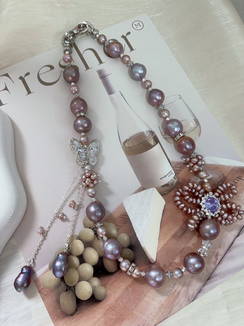 #PN961 [Floral Series] Freshwater Pearl Necklace | Big Purple Baroque | Lustrous | 2-layered Ribbon| Butterfly | Dangling Metallic Purple Baroque | 43cm| Drape Yourself in Luxury