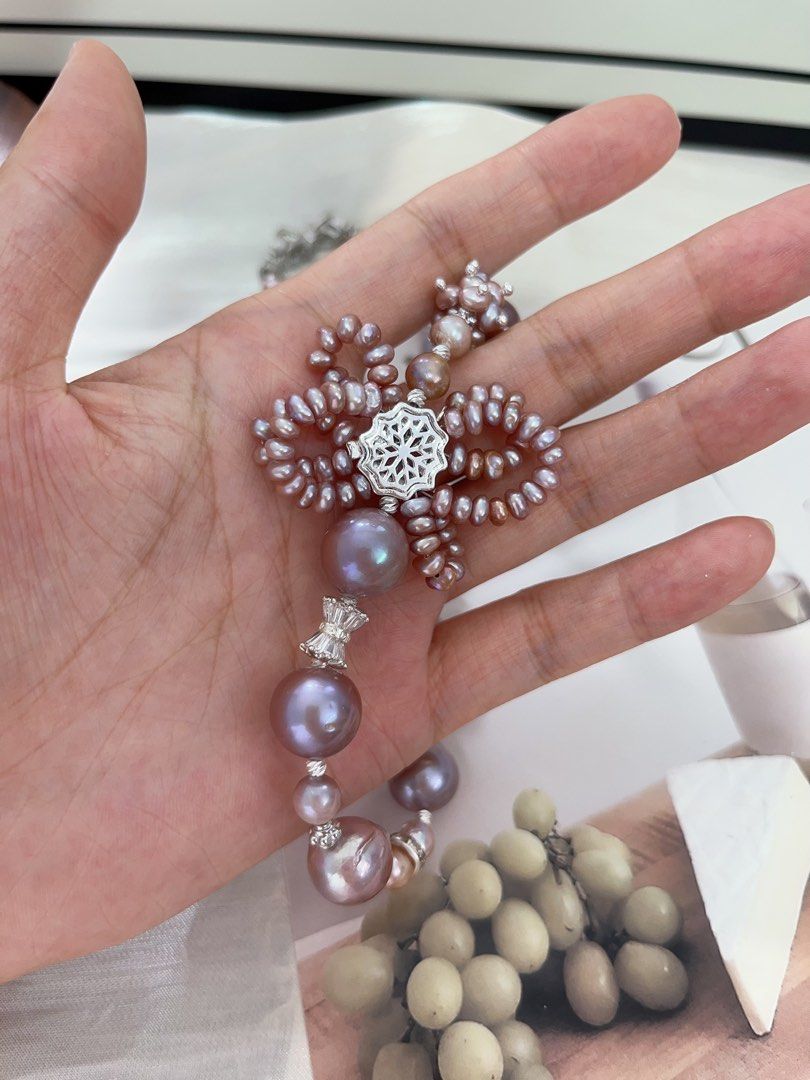 #PN961 [Floral Series] Freshwater Pearl Necklace | Big Purple Baroque | Lustrous | 2-layered Ribbon| Butterfly | Dangling Metallic Purple Baroque | 43cm| Drape Yourself in Luxury