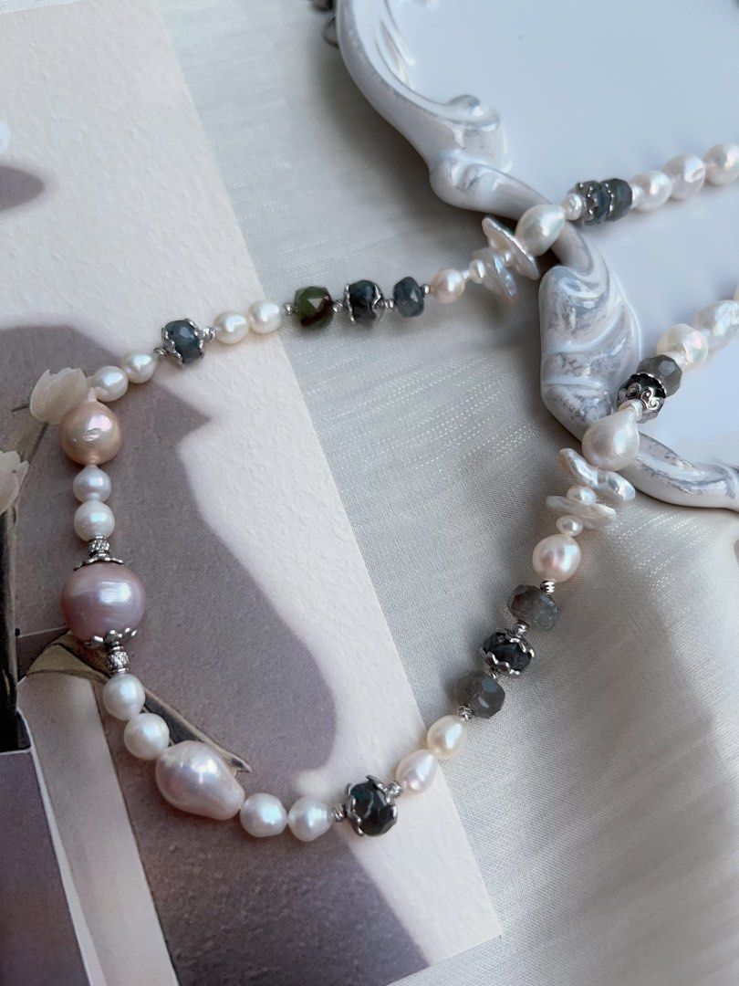 #PN943 Freshwater Pearl Necklace | Irregular Baroque | Labradorite Faceted Abacus | Stick Pearl| Purple Baroque | Classic Beauty, Refined