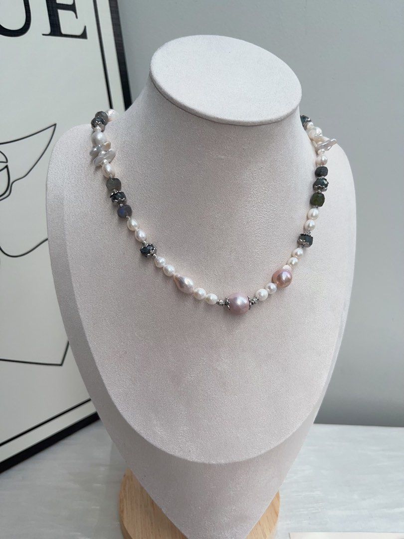 #PN943 Freshwater Pearl Necklace | Irregular Baroque | Labradorite Faceted Abacus | Stick Pearl| Purple Baroque | Classic Beauty, Refined