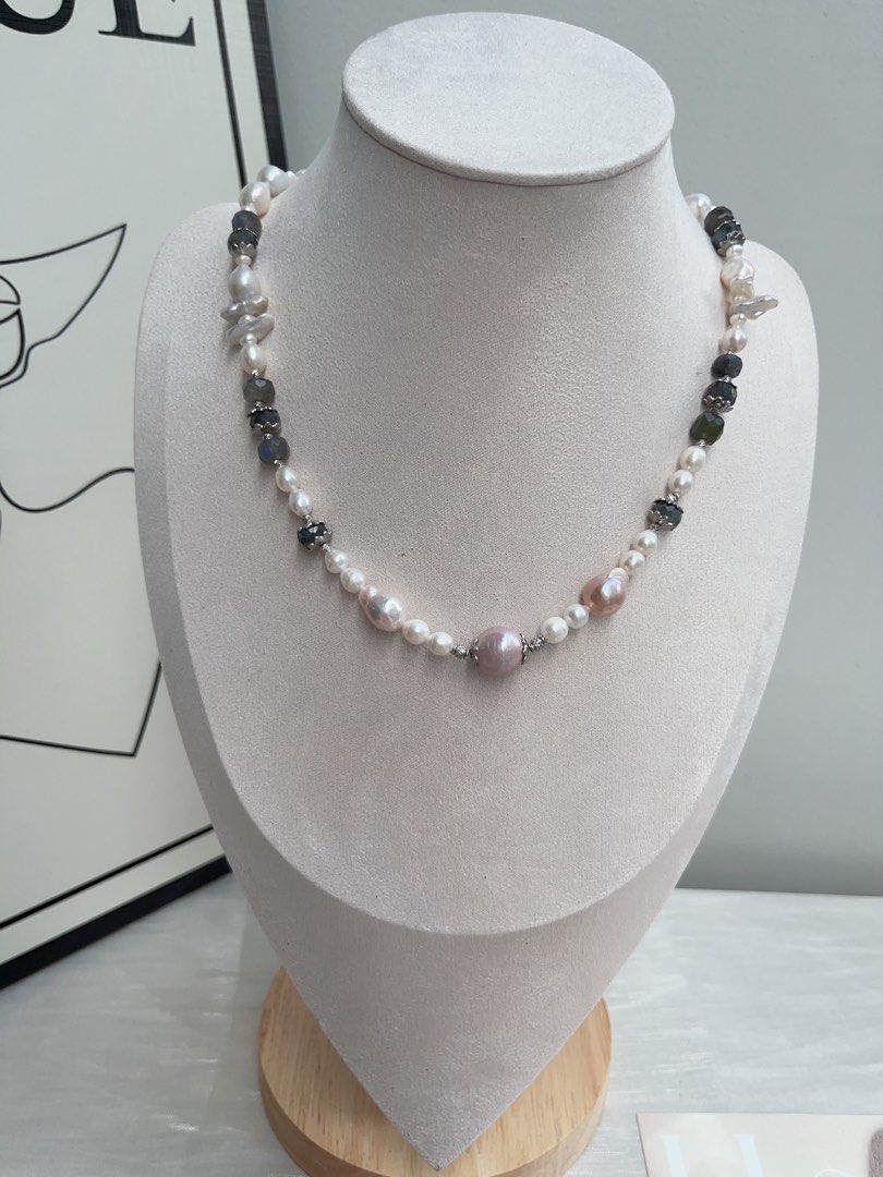 #PN943 Freshwater Pearl Necklace | Irregular Baroque | Labradorite Faceted Abacus | Stick Pearl| Purple Baroque | Classic Beauty, Refined