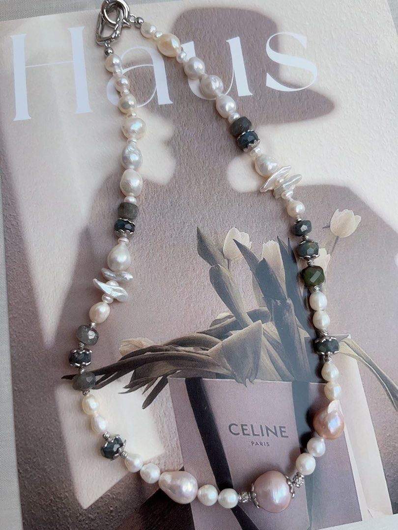 #PN943 Freshwater Pearl Necklace | Irregular Baroque | Labradorite Faceted Abacus | Stick Pearl| Purple Baroque | Classic Beauty, Refined