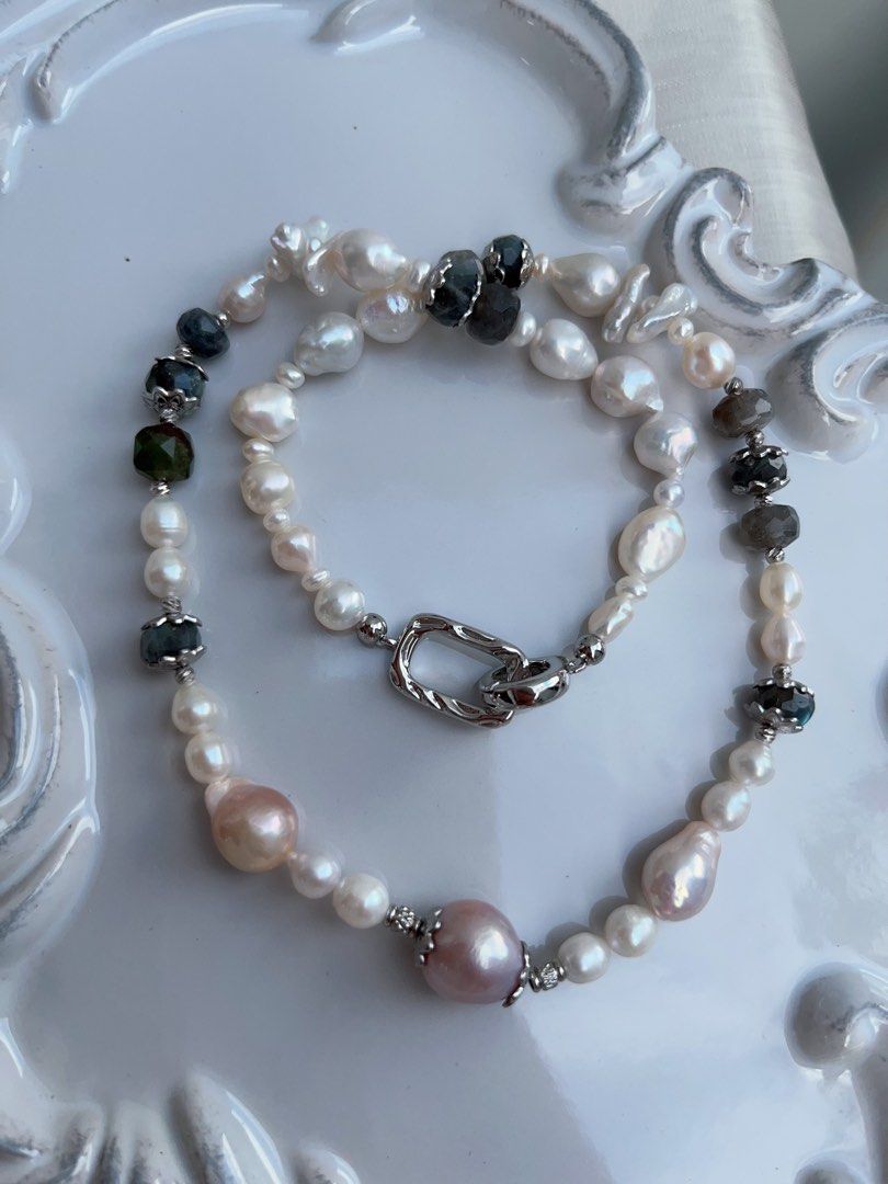 #PN943 Freshwater Pearl Necklace | Irregular Baroque | Labradorite Faceted Abacus | Stick Pearl| Purple Baroque | Classic Beauty, Refined