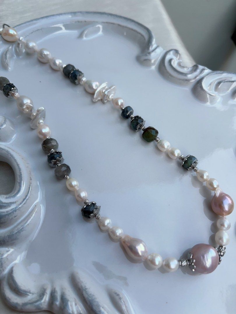 #PN943 Freshwater Pearl Necklace | Irregular Baroque | Labradorite Faceted Abacus | Stick Pearl| Purple Baroque | Classic Beauty, Refined