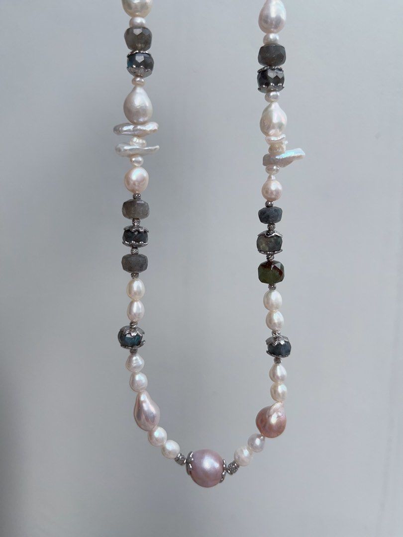 #PN943 Freshwater Pearl Necklace | Irregular Baroque | Labradorite Faceted Abacus | Stick Pearl| Purple Baroque | Classic Beauty, Refined