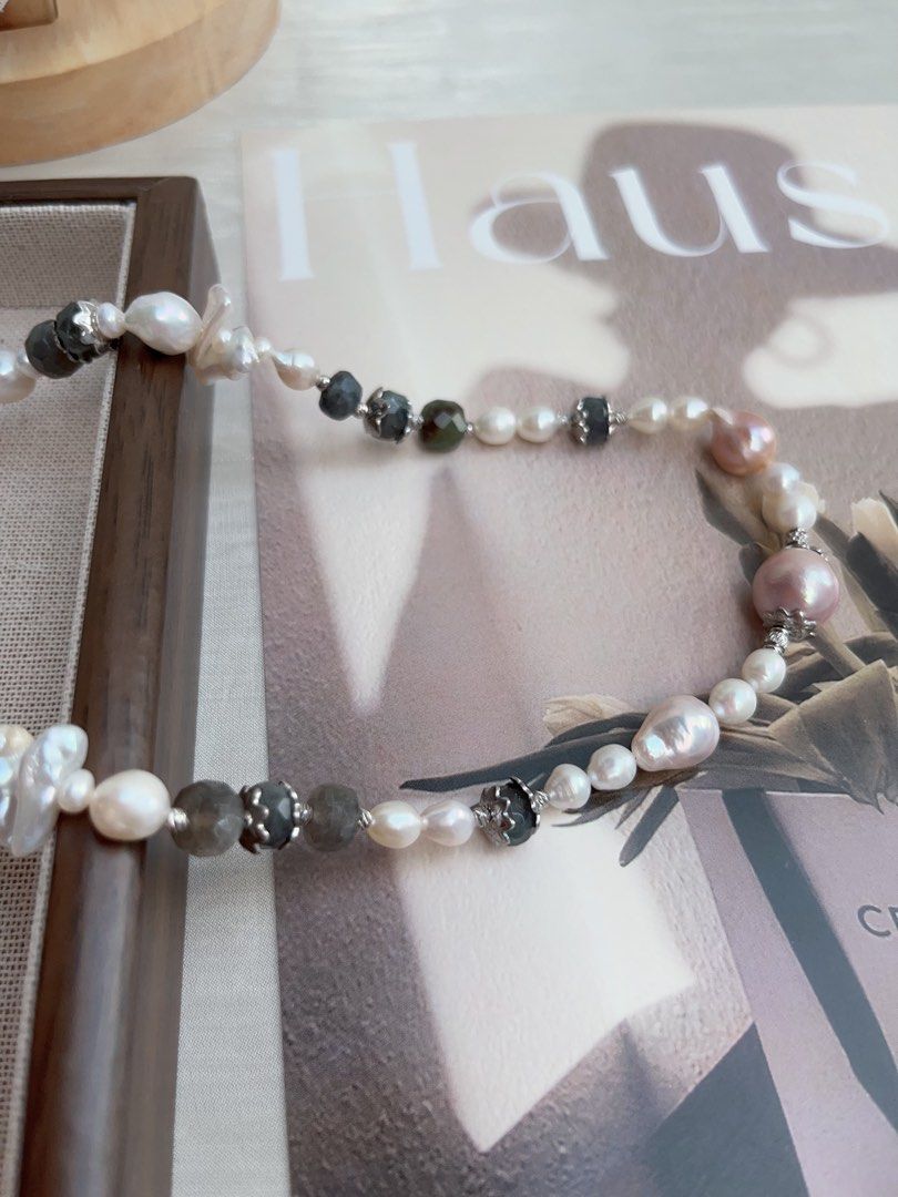 #PN943 Freshwater Pearl Necklace | Irregular Baroque | Labradorite Faceted Abacus | Stick Pearl| Purple Baroque | Classic Beauty, Refined