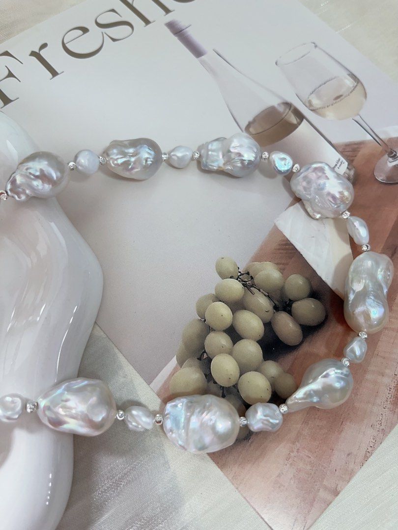 #PN963 Freshwater Pearl Necklace | White Fishtail Baroque Pearl | Blue Lustre Ancient Silver Block Pearl| Irregular | Low-key| 43cm| The Perfect Touch of Glamour