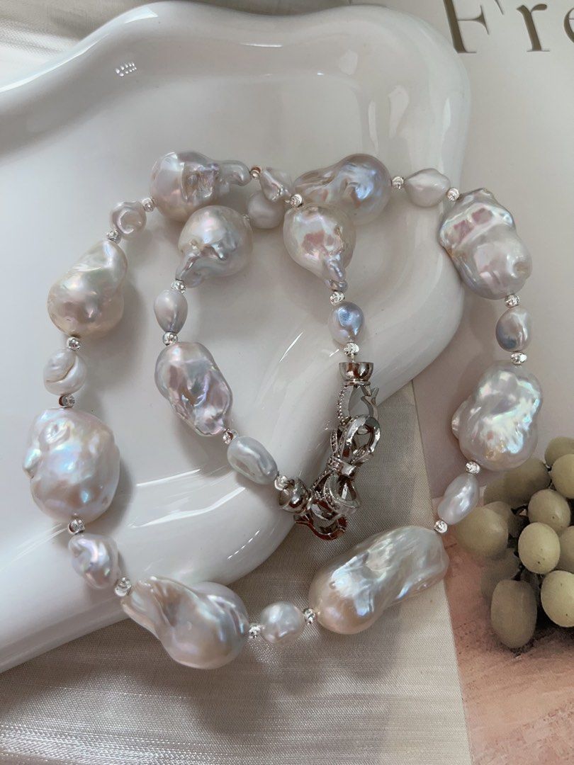 #PN963 Freshwater Pearl Necklace | White Fishtail Baroque Pearl | Blue Lustre Ancient Silver Block Pearl| Irregular | Low-key| 43cm| The Perfect Touch of Glamour