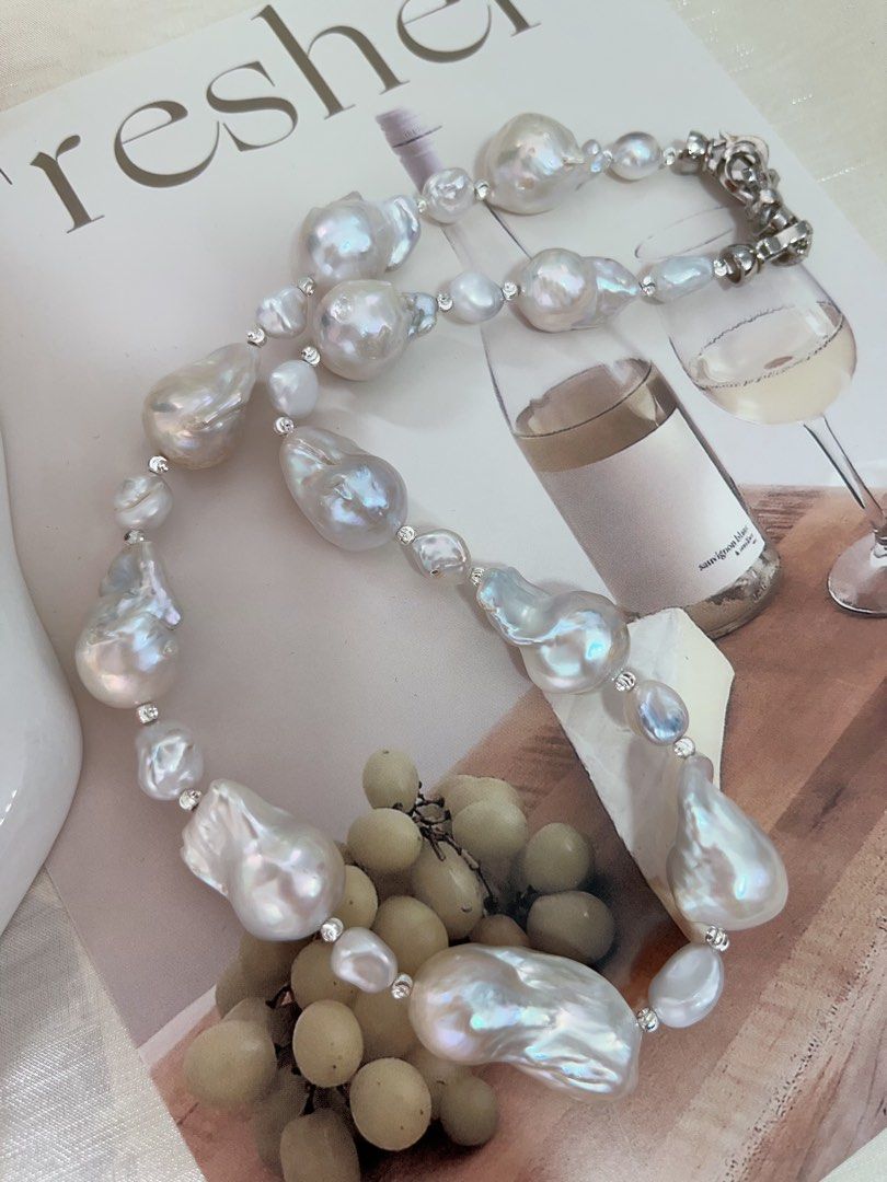 #PN963 Freshwater Pearl Necklace | White Fishtail Baroque Pearl | Blue Lustre Ancient Silver Block Pearl| Irregular | Low-key| 43cm| The Perfect Touch of Glamour