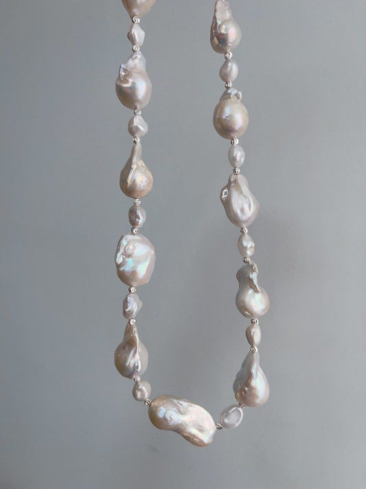 #PN963 Freshwater Pearl Necklace | White Fishtail Baroque Pearl | Blue Lustre Ancient Silver Block Pearl| Irregular | Low-key| 43cm| The Perfect Touch of Glamour