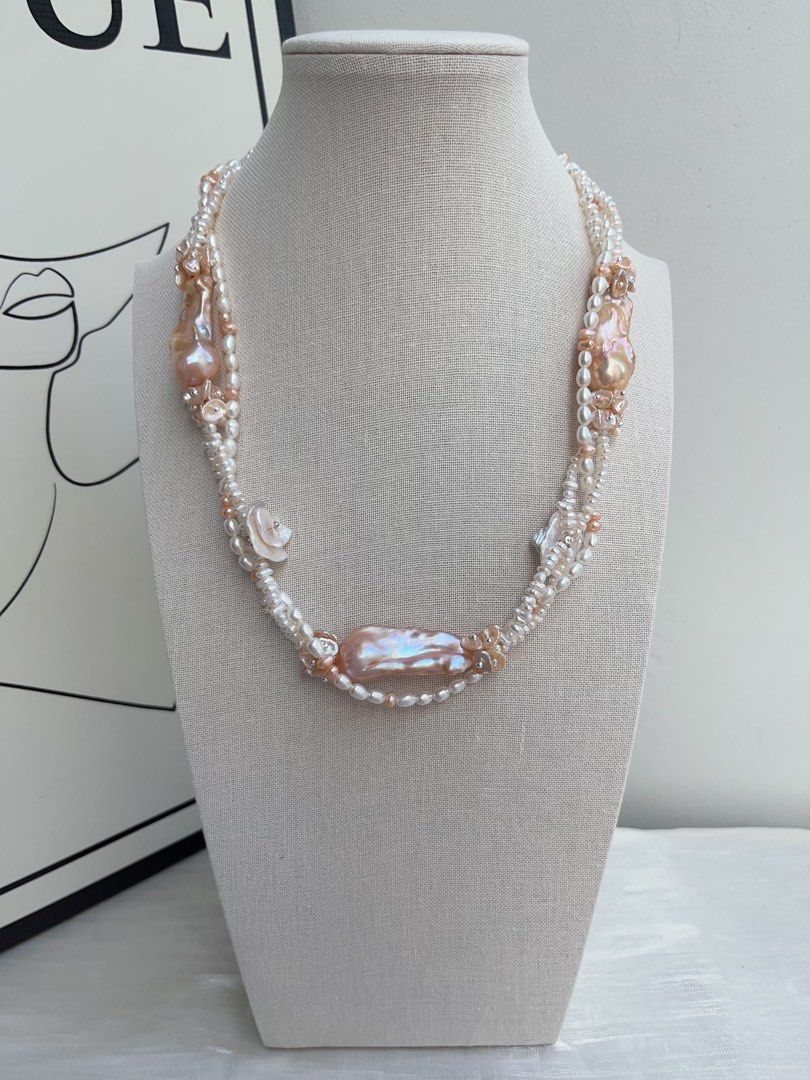#PN964 [Floral Series] Freshwater Pearl Necklace | 3-layer| Super Big Fishtail Baroque | Superb Lustrous Champagne Gold| Braided | Rich Layers| 45cm| Flowers 🌺 | High Quality | Shine with Natural Grace