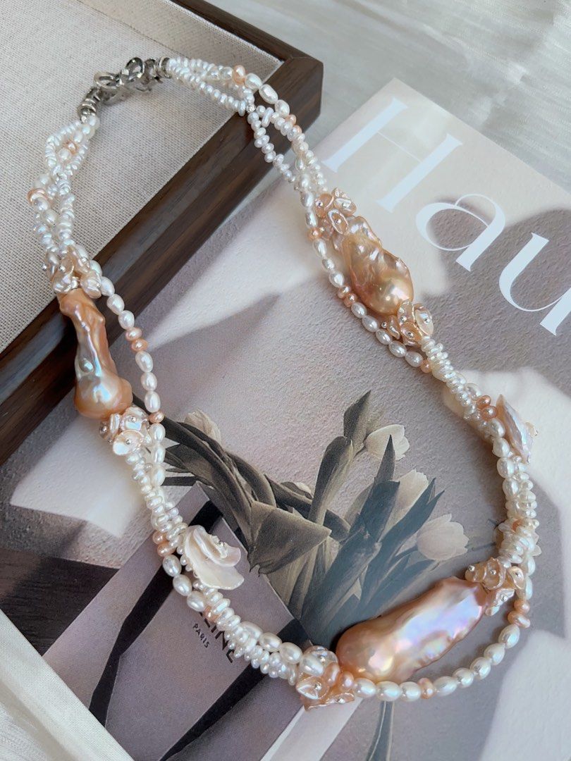 #PN964 [Floral Series] Freshwater Pearl Necklace | 3-layer| Super Big Fishtail Baroque | Superb Lustrous Champagne Gold| Braided | Rich Layers| 45cm| Flowers 🌺 | High Quality | Shine with Natural Grace
