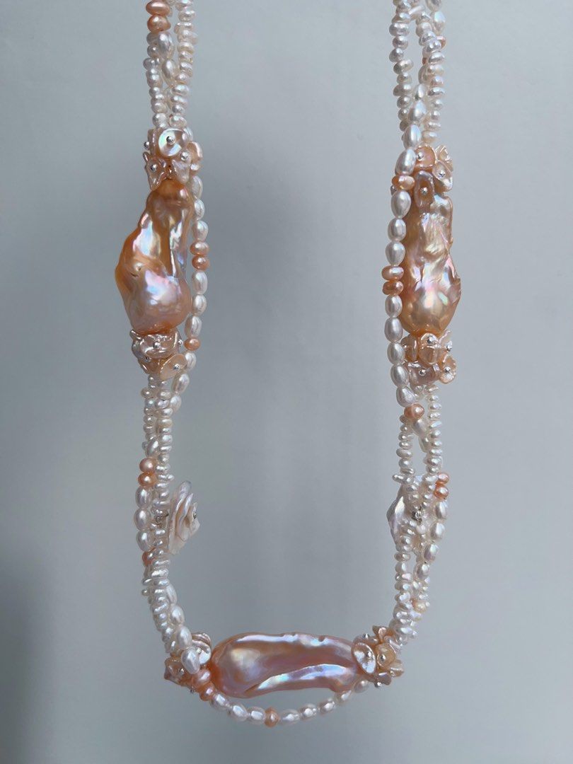 #PN964 [Floral Series] Freshwater Pearl Necklace | 3-layer| Super Big Fishtail Baroque | Superb Lustrous Champagne Gold| Braided | Rich Layers| 45cm| Flowers 🌺 | High Quality | Shine with Natural Grace