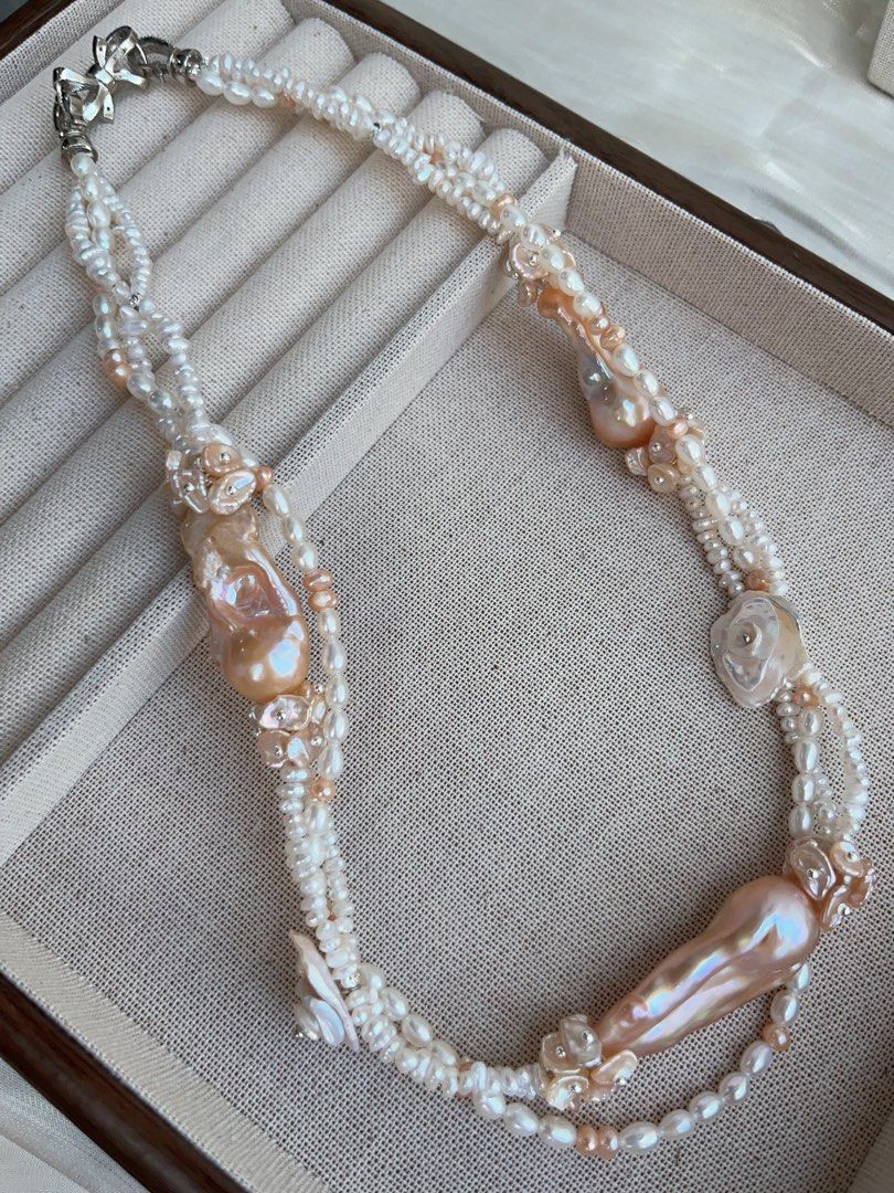 #PN964 [Floral Series] Freshwater Pearl Necklace | 3-layer| Super Big Fishtail Baroque | Superb Lustrous Champagne Gold| Braided | Rich Layers| 45cm| Flowers 🌺 | High Quality | Shine with Natural Grace