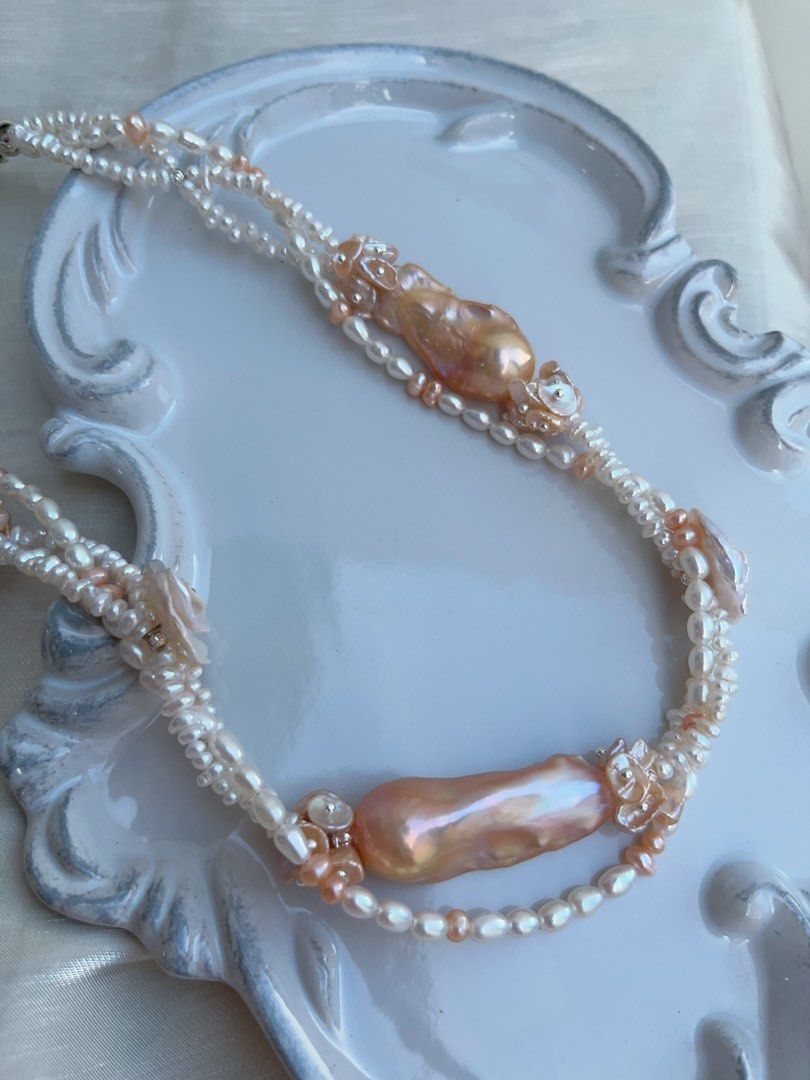 #PN964 [Floral Series] Freshwater Pearl Necklace | 3-layer| Super Big Fishtail Baroque | Superb Lustrous Champagne Gold| Braided | Rich Layers| 45cm| Flowers 🌺 | High Quality | Shine with Natural Grace