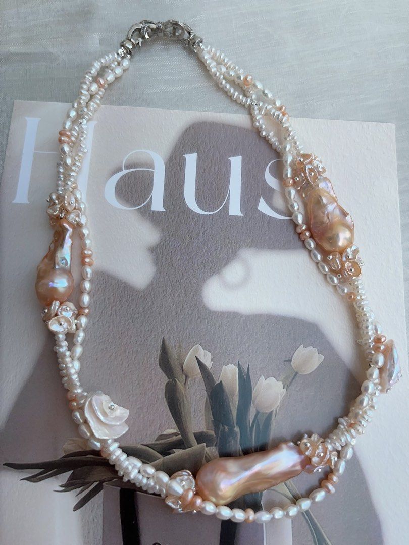 #PN964 [Floral Series] Freshwater Pearl Necklace | 3-layer| Super Big Fishtail Baroque | Superb Lustrous Champagne Gold| Braided | Rich Layers| 45cm| Flowers 🌺 | High Quality | Shine with Natural Grace