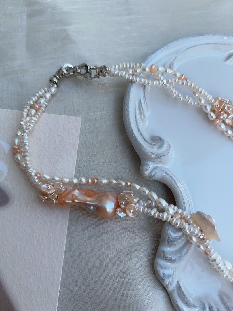 #PN964 [Floral Series] Freshwater Pearl Necklace | 3-layer| Super Big Fishtail Baroque | Superb Lustrous Champagne Gold| Braided | Rich Layers| 45cm| Flowers 🌺 | High Quality | Shine with Natural Grace