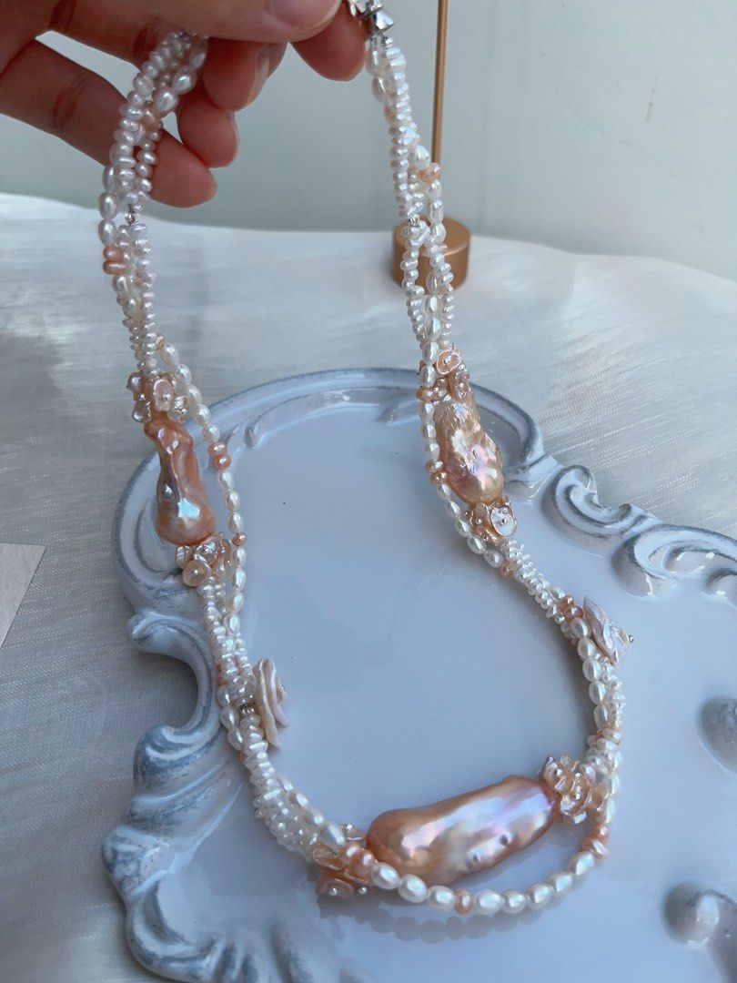 #PN964 [Floral Series] Freshwater Pearl Necklace | 3-layer| Super Big Fishtail Baroque | Superb Lustrous Champagne Gold| Braided | Rich Layers| 45cm| Flowers 🌺 | High Quality | Shine with Natural Grace