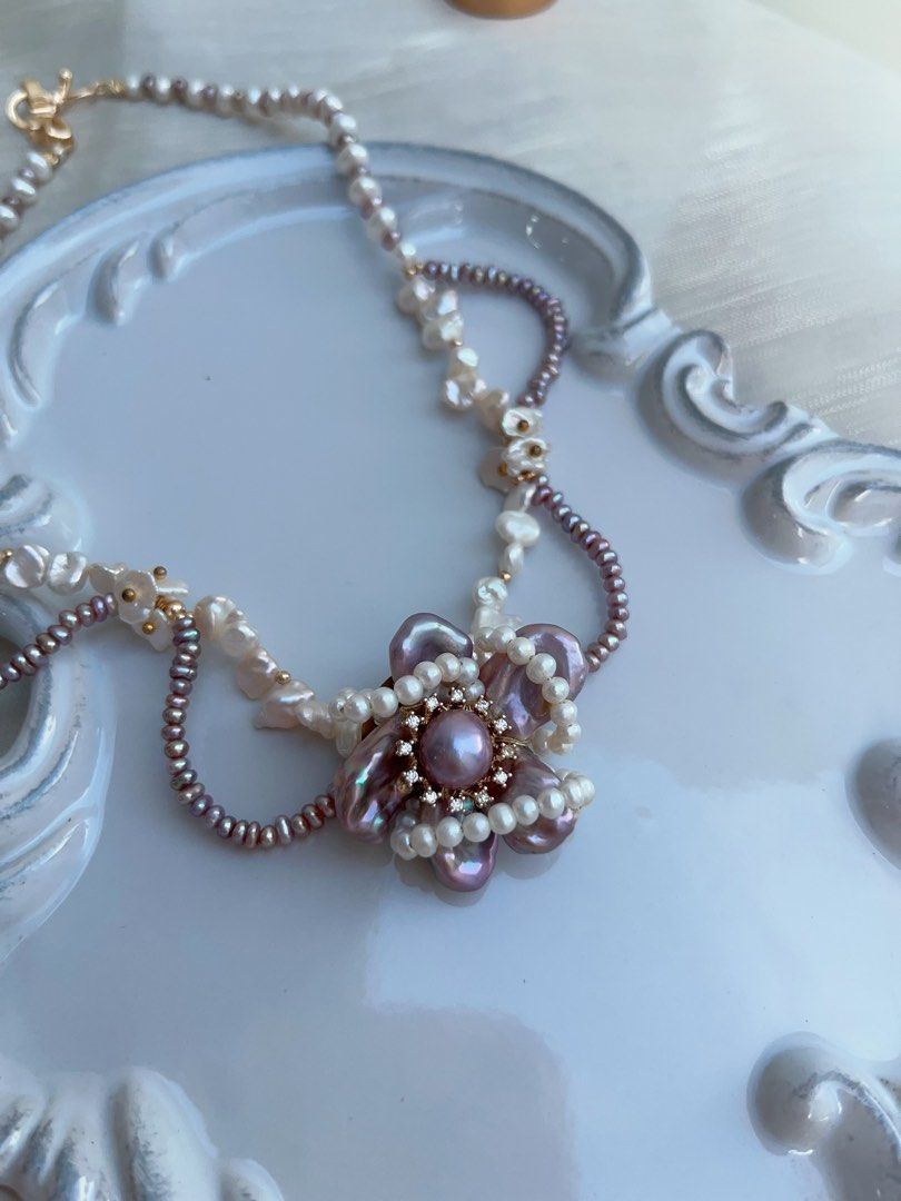 #PN965 [Floral Series] Freshwater Pearl Necklace | Purple Laces| Silver Stone Baroque Pearl | Wrapped Flower 🌺 Design| Dark Purple | 39cm| Pearls Made to Be Seen