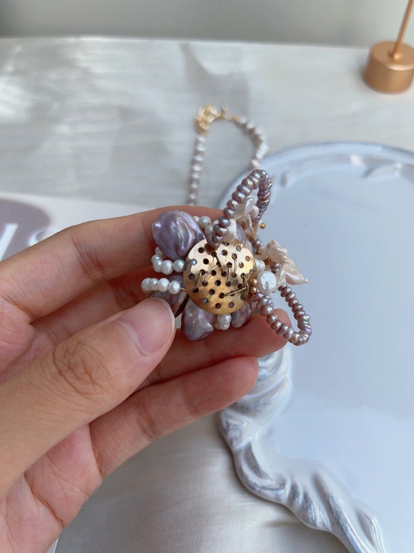 #PN965 [Floral Series] Freshwater Pearl Necklace | Purple Laces| Silver Stone Baroque Pearl | Wrapped Flower 🌺 Design| Dark Purple | 39cm| Pearls Made to Be Seen