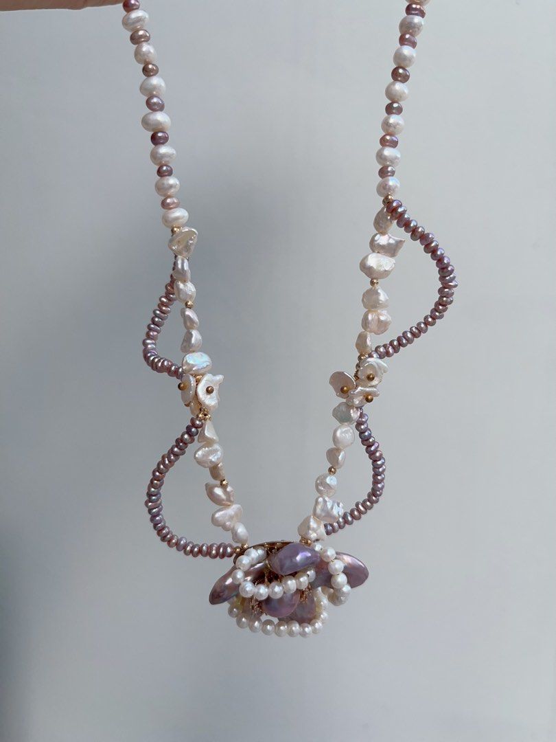 #PN965 [Floral Series] Freshwater Pearl Necklace | Purple Laces| Silver Stone Baroque Pearl | Wrapped Flower 🌺 Design| Dark Purple | 39cm| Pearls Made to Be Seen