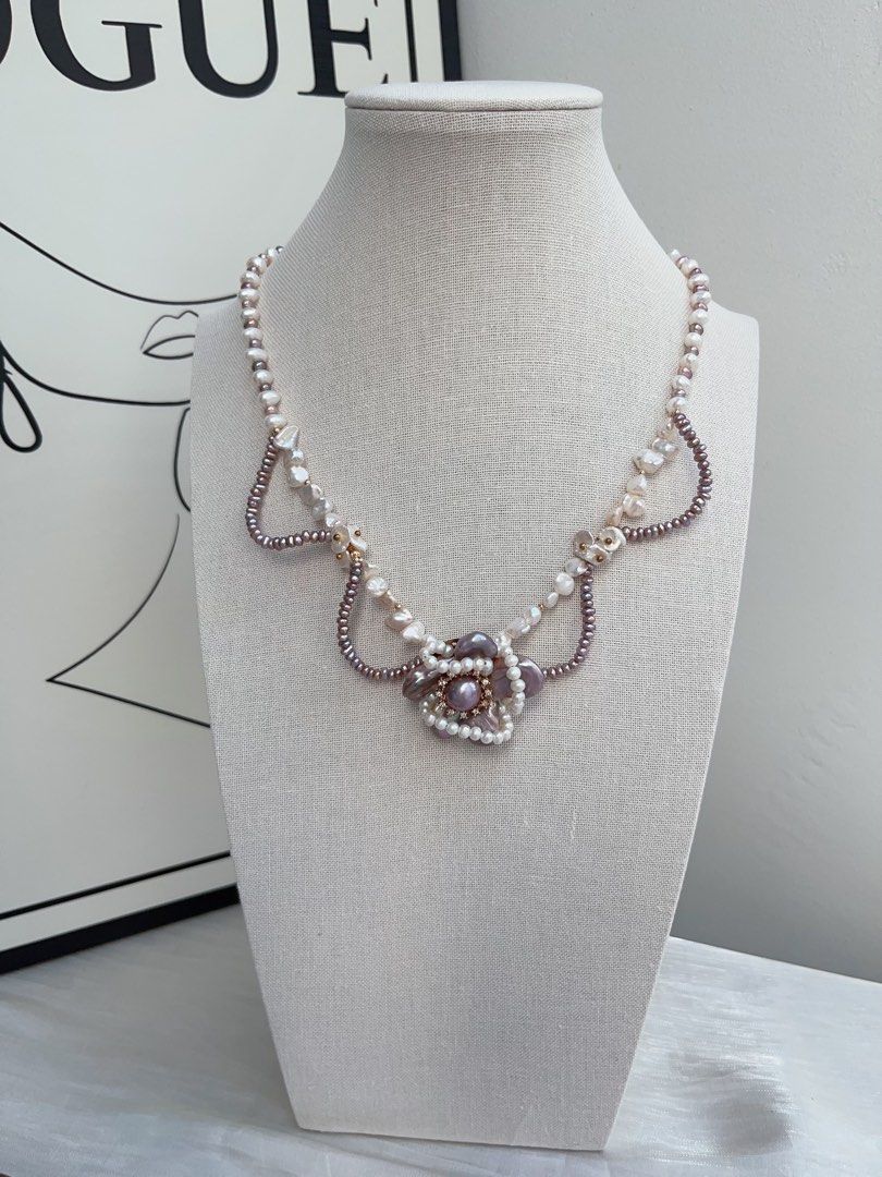 #PN965 [Floral Series] Freshwater Pearl Necklace | Purple Laces| Silver Stone Baroque Pearl | Wrapped Flower 🌺 Design| Dark Purple | 39cm| Pearls Made to Be Seen