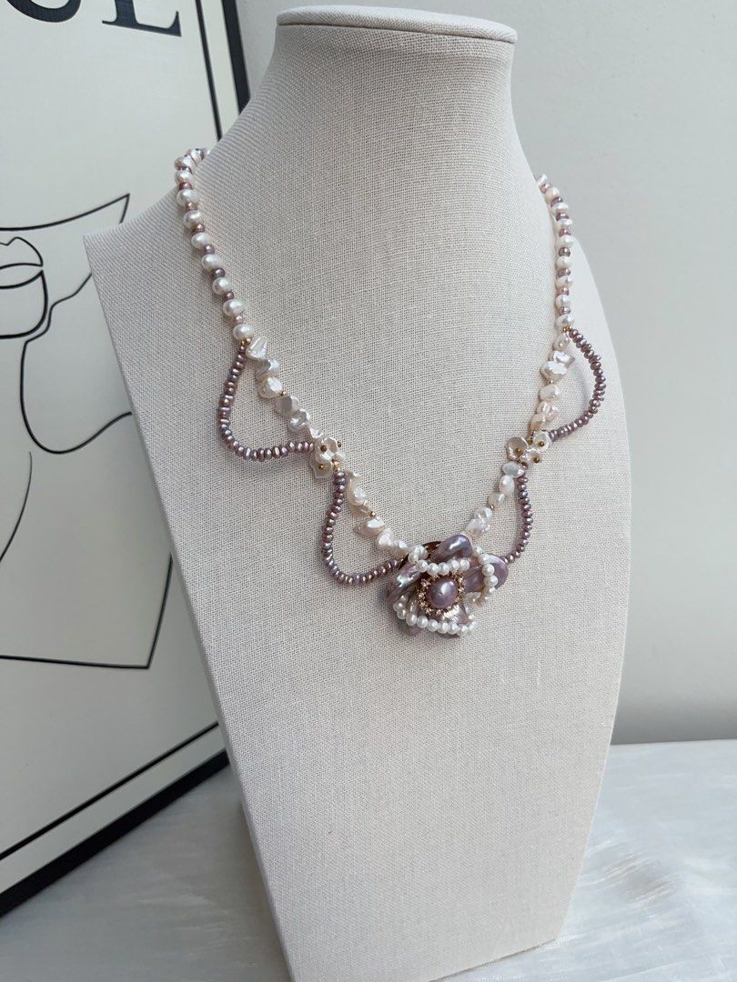 #PN965 [Floral Series] Freshwater Pearl Necklace | Purple Laces| Silver Stone Baroque Pearl | Wrapped Flower 🌺 Design| Dark Purple | 39cm| Pearls Made to Be Seen