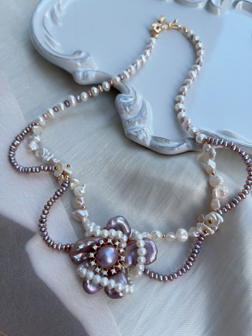 #PN965 [Floral Series] Freshwater Pearl Necklace | Purple Laces| Silver Stone Baroque Pearl | Wrapped Flower 🌺 Design| Dark Purple | 39cm| Pearls Made to Be Seen