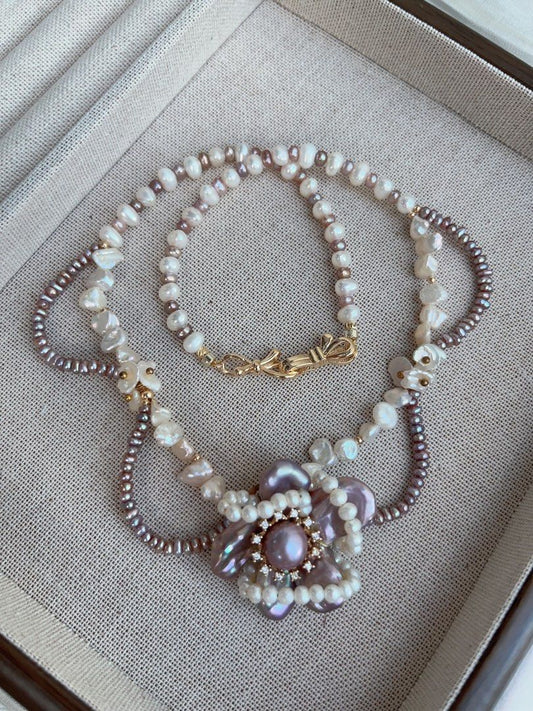 #PN965 [Floral Series] Freshwater Pearl Necklace | Purple Laces| Silver Stone Baroque Pearl | Wrapped Flower 🌺 Design| Dark Purple | 39cm| Pearls Made to Be Seen