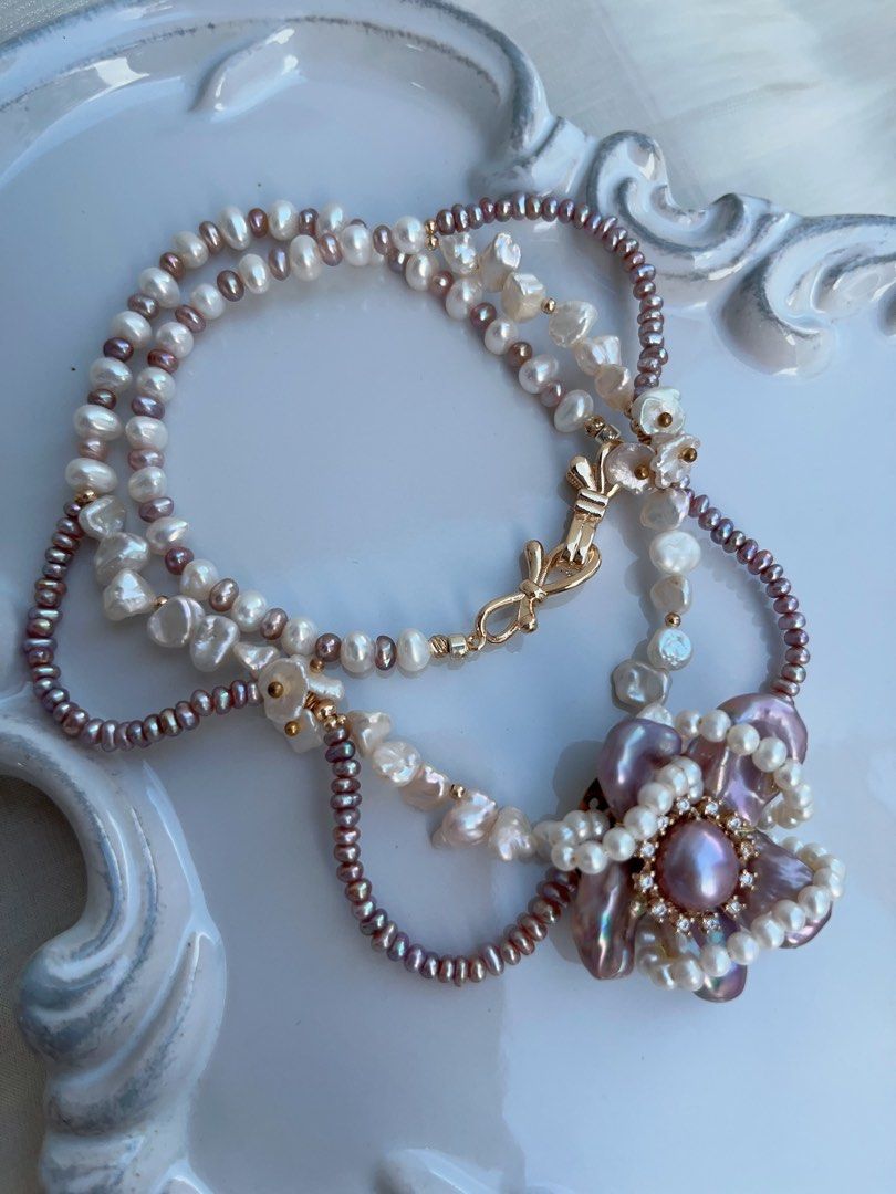 #PN965 [Floral Series] Freshwater Pearl Necklace | Purple Laces| Silver Stone Baroque Pearl | Wrapped Flower 🌺 Design| Dark Purple | 39cm| Pearls Made to Be Seen