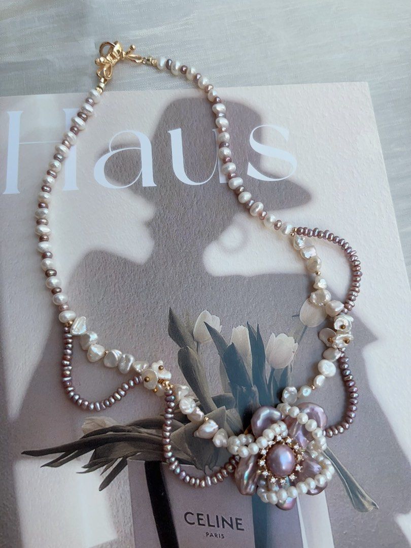 #PN965 [Floral Series] Freshwater Pearl Necklace | Purple Laces| Silver Stone Baroque Pearl | Wrapped Flower 🌺 Design| Dark Purple | 39cm| Pearls Made to Be Seen