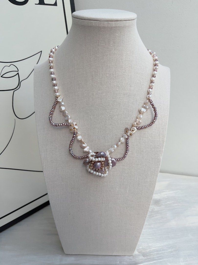 #PN965 [Floral Series] Freshwater Pearl Necklace | Purple Laces| Silver Stone Baroque Pearl | Wrapped Flower 🌺 Design| Dark Purple | 39cm| Pearls Made to Be Seen