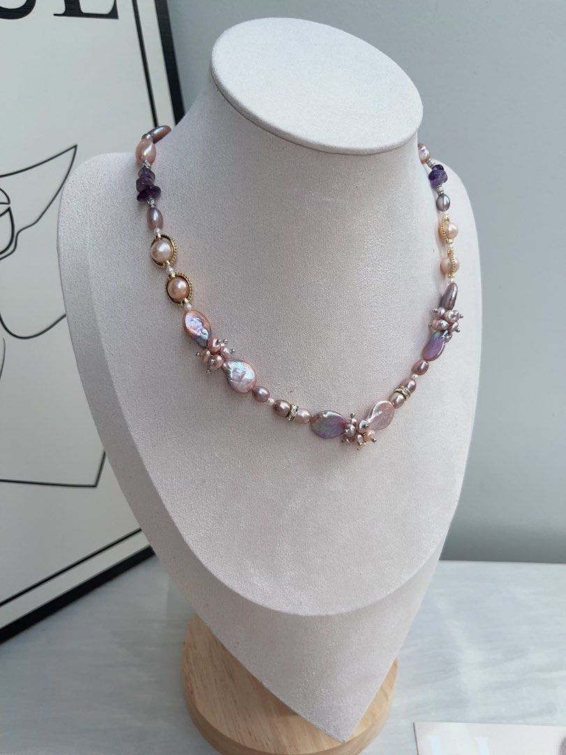 #PN948 [Floral Series] Freshwater Pearl Necklace | Top Lustre Waterdrop Baroque | Amethyst Chips| Champagne Pearl| Dark Purple | Flower Clasp| Elegance in Every Detail