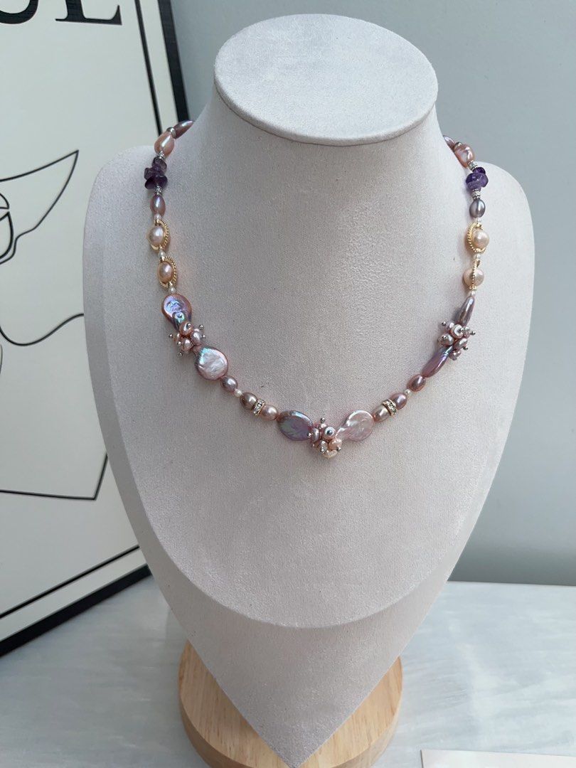 #PN948 [Floral Series] Freshwater Pearl Necklace | Top Lustre Waterdrop Baroque | Amethyst Chips| Champagne Pearl| Dark Purple | Flower Clasp| Elegance in Every Detail