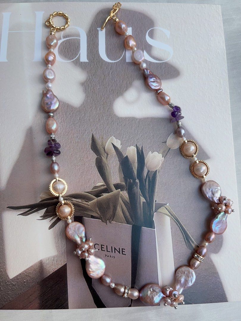 #PN948 [Floral Series] Freshwater Pearl Necklace | Top Lustre Waterdrop Baroque | Amethyst Chips| Champagne Pearl| Dark Purple | Flower Clasp| Elegance in Every Detail