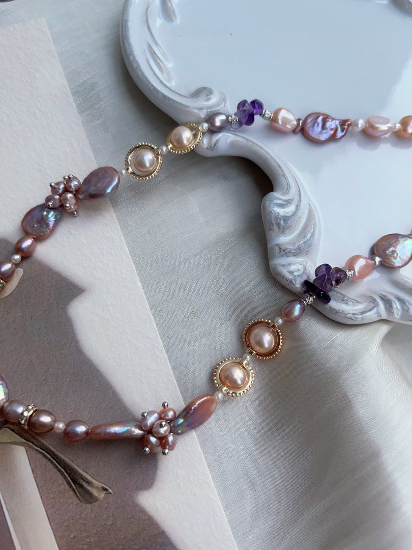 #PN948 [Floral Series] Freshwater Pearl Necklace | Top Lustre Waterdrop Baroque | Amethyst Chips| Champagne Pearl| Dark Purple | Flower Clasp| Elegance in Every Detail