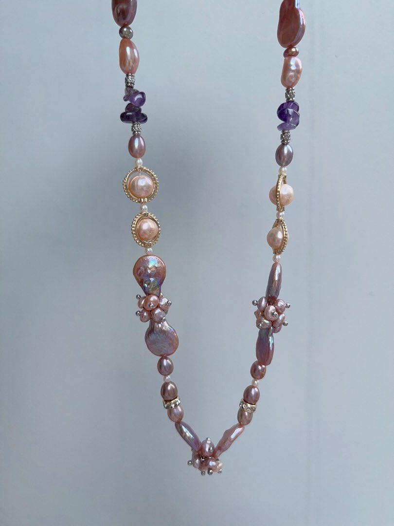 #PN948 [Floral Series] Freshwater Pearl Necklace | Top Lustre Waterdrop Baroque | Amethyst Chips| Champagne Pearl| Dark Purple | Flower Clasp| Elegance in Every Detail