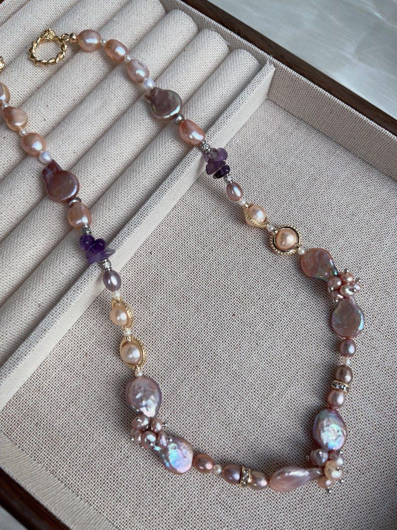 #PN948 [Floral Series] Freshwater Pearl Necklace | Top Lustre Waterdrop Baroque | Amethyst Chips| Champagne Pearl| Dark Purple | Flower Clasp| Elegance in Every Detail