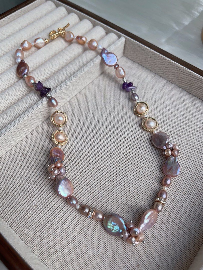 #PN948 [Floral Series] Freshwater Pearl Necklace | Top Lustre Waterdrop Baroque | Amethyst Chips| Champagne Pearl| Dark Purple | Flower Clasp| Elegance in Every Detail