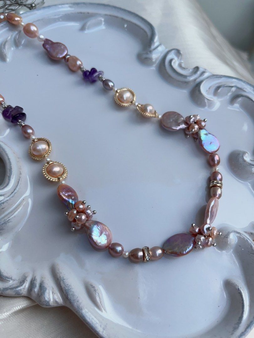 #PN948 [Floral Series] Freshwater Pearl Necklace | Top Lustre Waterdrop Baroque | Amethyst Chips| Champagne Pearl| Dark Purple | Flower Clasp| Elegance in Every Detail