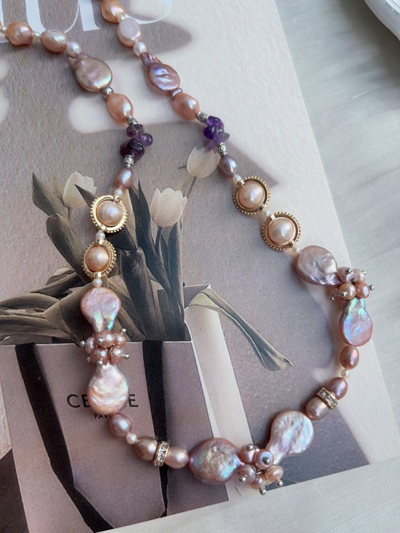 #PN948 [Floral Series] Freshwater Pearl Necklace | Top Lustre Waterdrop Baroque | Amethyst Chips| Champagne Pearl| Dark Purple | Flower Clasp| Elegance in Every Detail