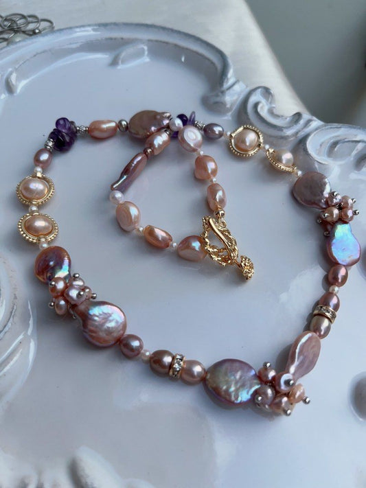 #PN948 [Floral Series] Freshwater Pearl Necklace | Top Lustre Waterdrop Baroque | Amethyst Chips| Champagne Pearl| Dark Purple | Flower Clasp| Elegance in Every Detail