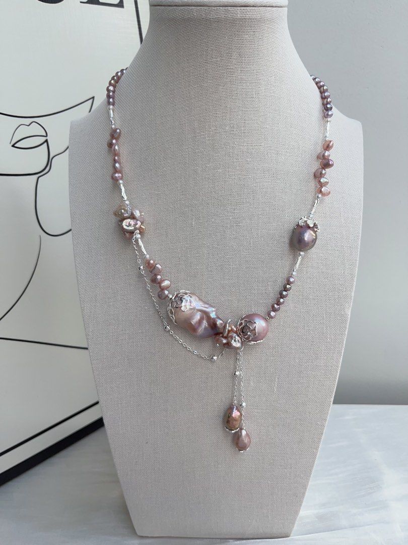 #PN967 [Floral Series] Freshwater Pearl Necklace | 30mm+ Big Fishtail Baroque | Purple Lustrous | Avocado 🥑 | 40cm| Dangling Baroque | Refined Style, Handcrafted to Perfection