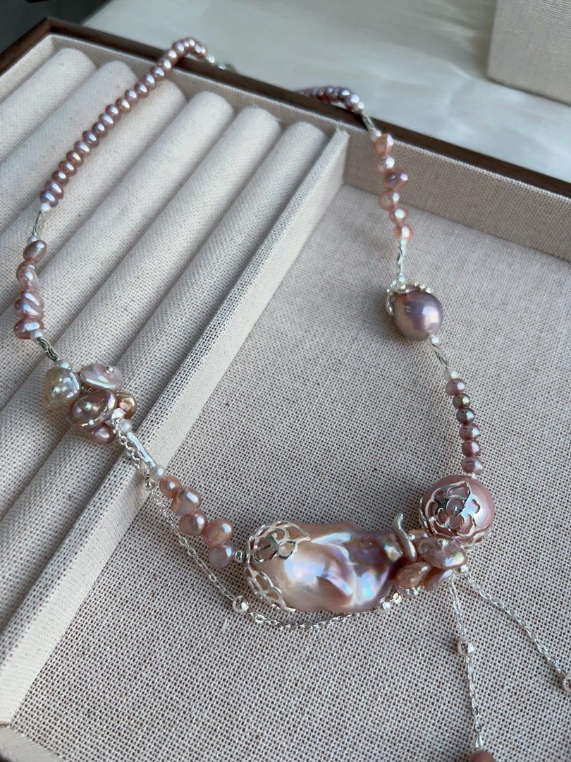 #PN967 [Floral Series] Freshwater Pearl Necklace | 30mm+ Big Fishtail Baroque | Purple Lustrous | Avocado 🥑 | 40cm| Dangling Baroque | Refined Style, Handcrafted to Perfection