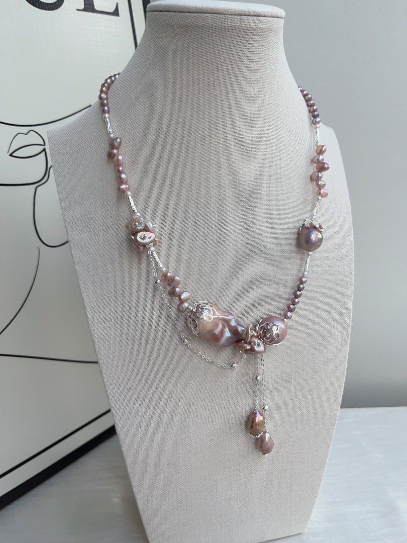 #PN967 [Floral Series] Freshwater Pearl Necklace | 30mm+ Big Fishtail Baroque | Purple Lustrous | Avocado 🥑 | 40cm| Dangling Baroque | Refined Style, Handcrafted to Perfection