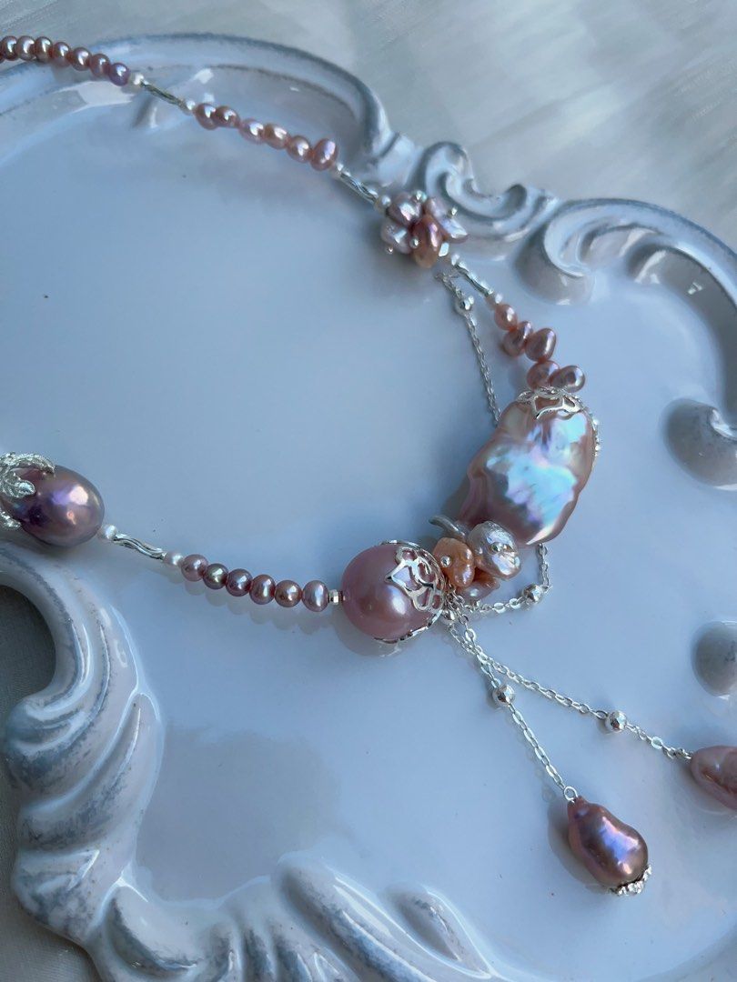 #PN967 [Floral Series] Freshwater Pearl Necklace | 30mm+ Big Fishtail Baroque | Purple Lustrous | Avocado 🥑 | 40cm| Dangling Baroque | Refined Style, Handcrafted to Perfection