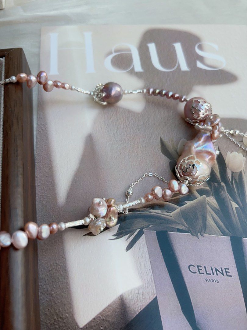 #PN967 [Floral Series] Freshwater Pearl Necklace | 30mm+ Big Fishtail Baroque | Purple Lustrous | Avocado 🥑 | 40cm| Dangling Baroque | Refined Style, Handcrafted to Perfection